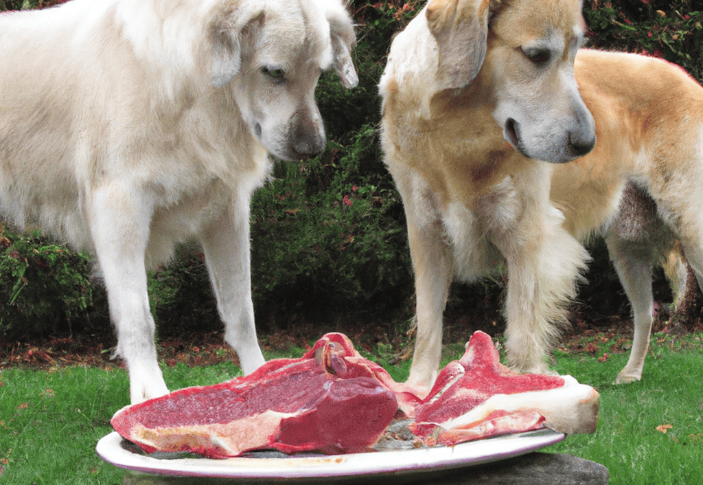 Dogs eating raw meat outdoors in green yard setting.