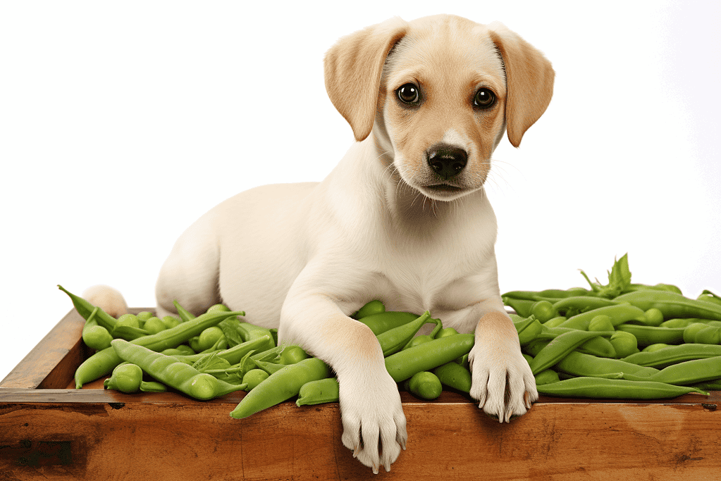 Adorable puppy lying on a wooden tray filled with fresh green vegetables for healthy dog nutrition.