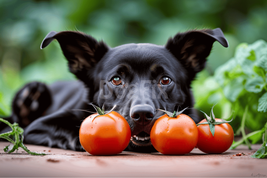 Cute black dog with tomatoes, emphasizing fresh pet treats and outdoor activities.