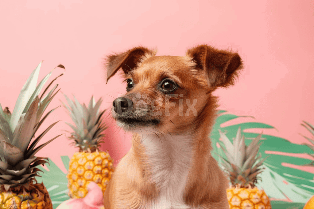Adorable dog surrounded by pineapples and tropical leaves on pink background for pet grooming and dog care tips.
