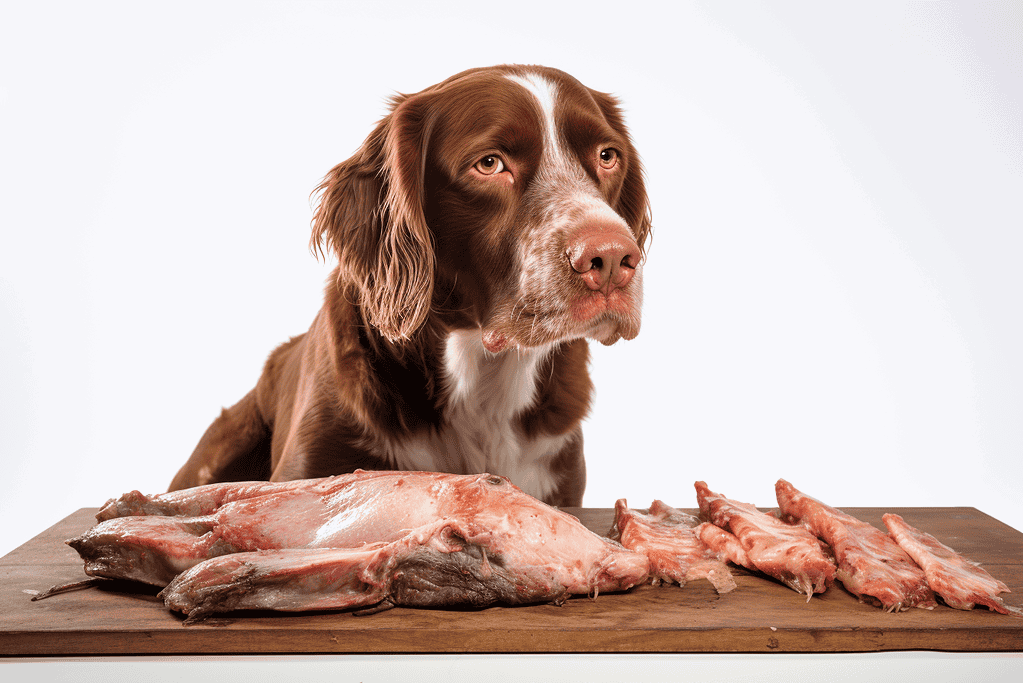 Dog with raw meat for a healthy diet, pet nutrition and canine wellness.
