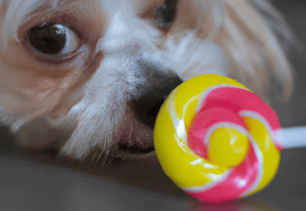 Close-up of a puppy licking a vibrant pink and yellow lollipop, showcasing playful and lovable dog behavior.