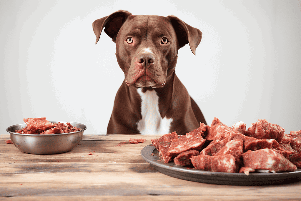 Dog with raw meat, dog food, pet nutrition.