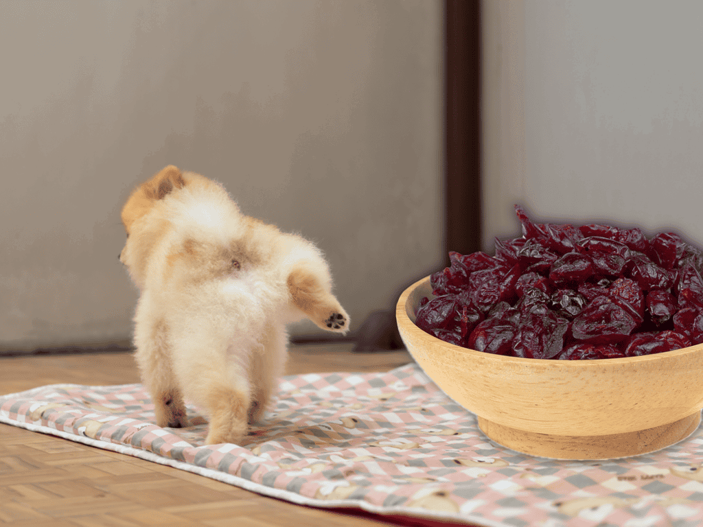 Adorable puppy looking at a bowl of dried cranberries, showcasing pet treats and healthy snack choices for dogs.