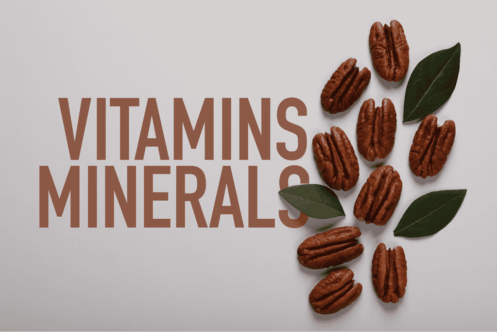 Close-up of pecans and green leaves on a white background, emphasizing canine nutrition benefits.