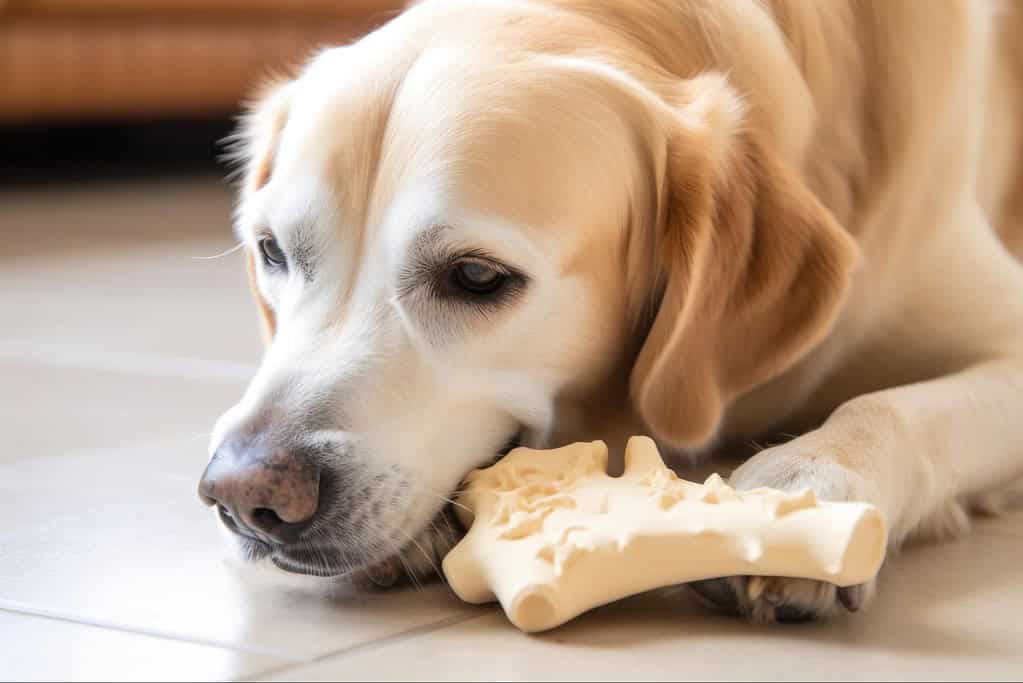 Cute Golden Retriever chewing on a bone.
