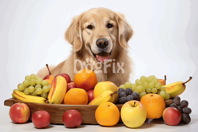 Adorable golden retriever surrounded by colorful fresh fruits, ideal for dog nutrition and wellness.