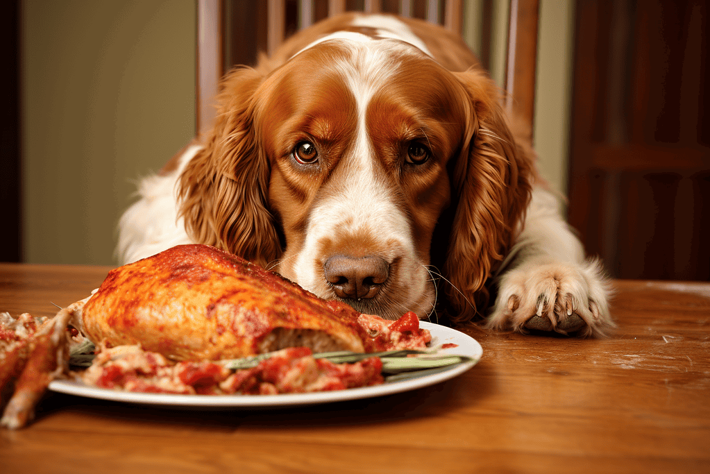 Cavalier King Charles Spaniel lying beside a plate of cooked meat on a wooden table.