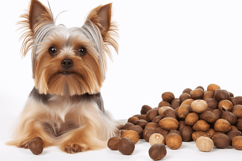 Adorable Yorkshire Terrier sitting next to a pile of hazelnuts on a white background.