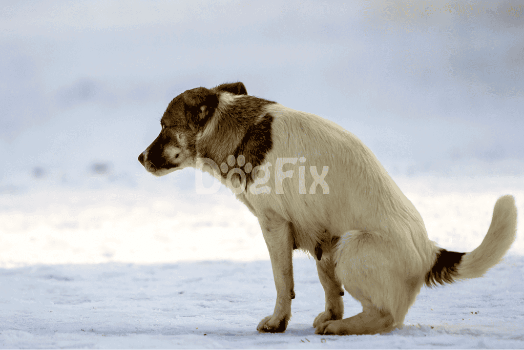 Adorable dog sitting in snowy landscape, showcasing winter pet care and outdoor dog activities.