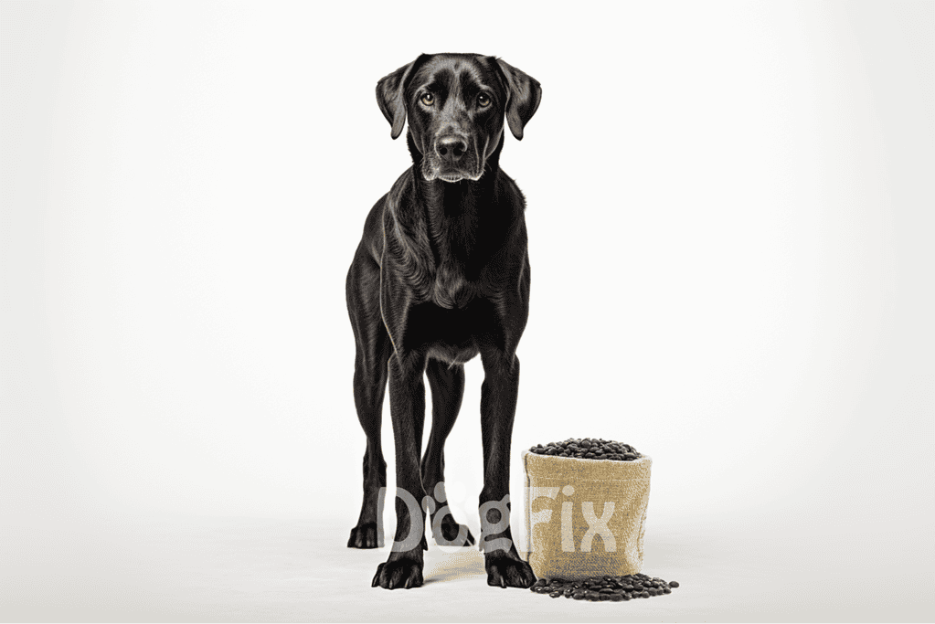 Black Labrador with Bag of Dog Food.