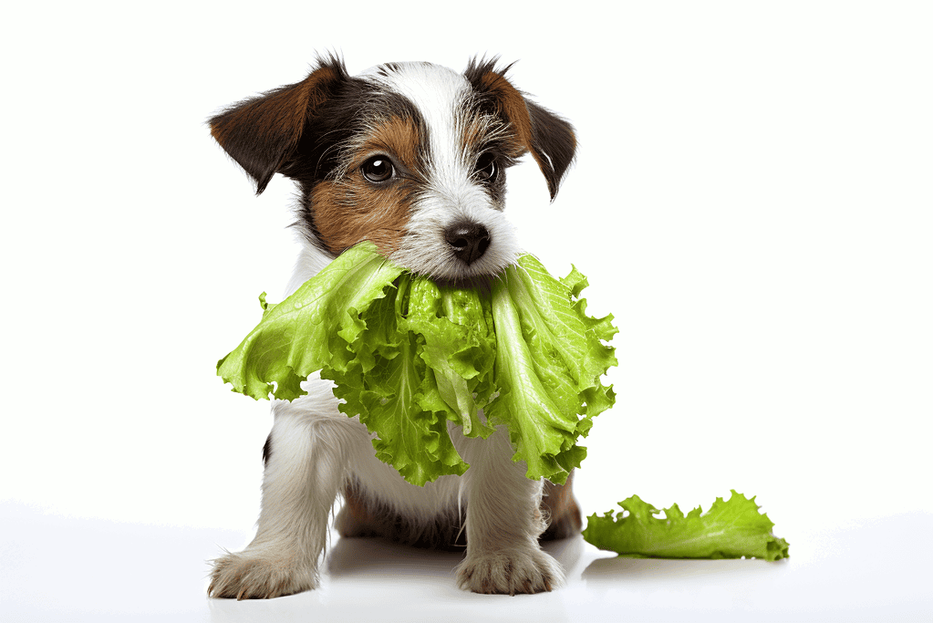Adorable puppy holding green lettuce in mouth, playful pet dog, healthy and cute, perfect for pet care and nutrition topics.