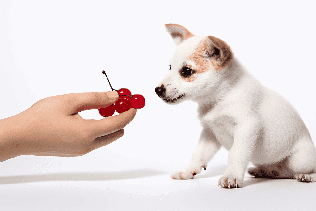 Cute puppy smelling a cherry toy for dogs, adorable and playful pet gift.