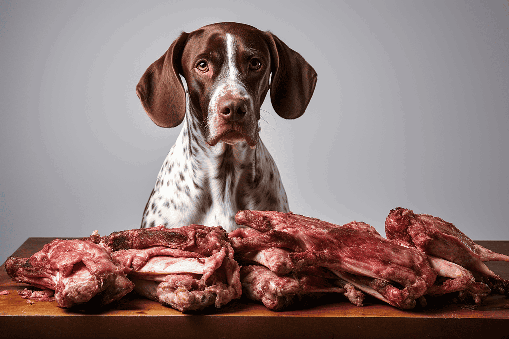 Dog with raw meat cuts on table, pet nutrition concept.
