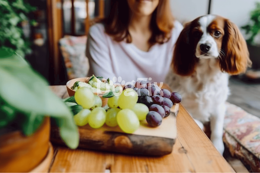 Dog with grapes on a wooden table, healthy dog food, pet nutrition, and home pet care.