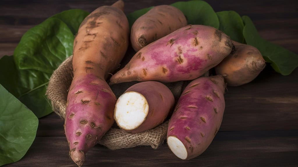 Fresh raw sweet potatoes with leaves, healthy dog treat ingredients.