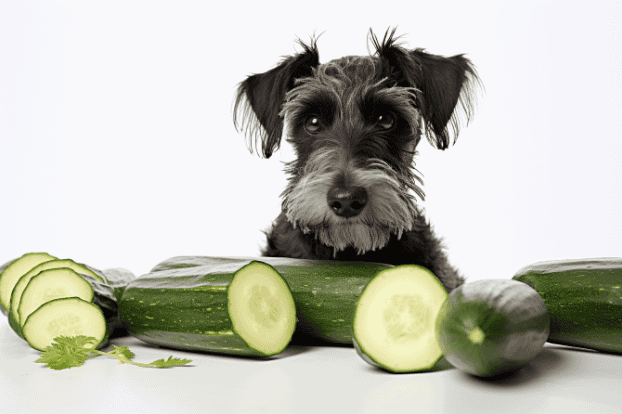 Adorable dog surrounded by fresh cucumber slices and whole cucumbers on a white background.