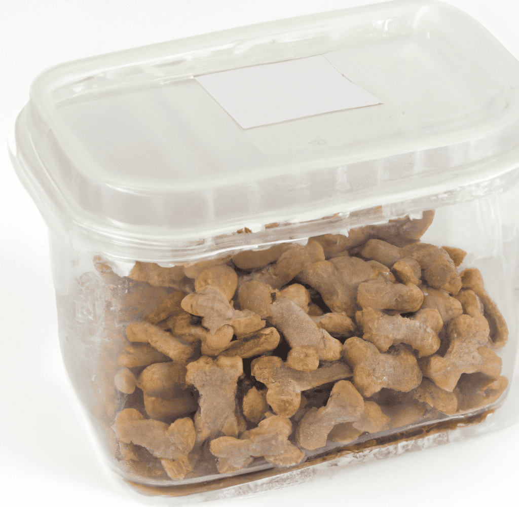 Dog treat storage container for fresh and healthy dog snacks.
