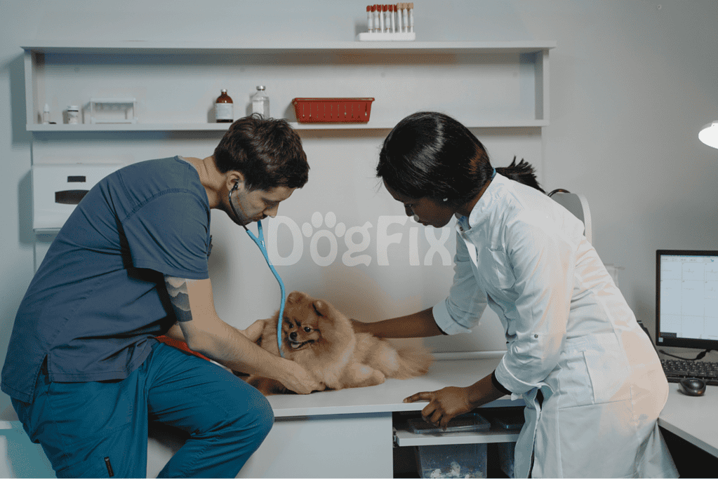 Vet examining a dog at a pet clinic.
