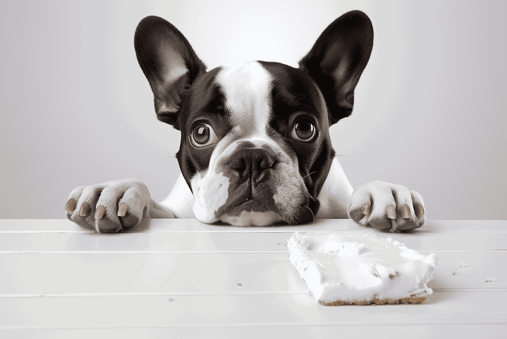 Adorable French Bulldog puppy with big ears, lying on a white table with a cake.