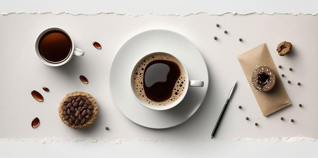 Close-up of coffee cups, cookies, and coffee beans on white table for a coffee break scene.