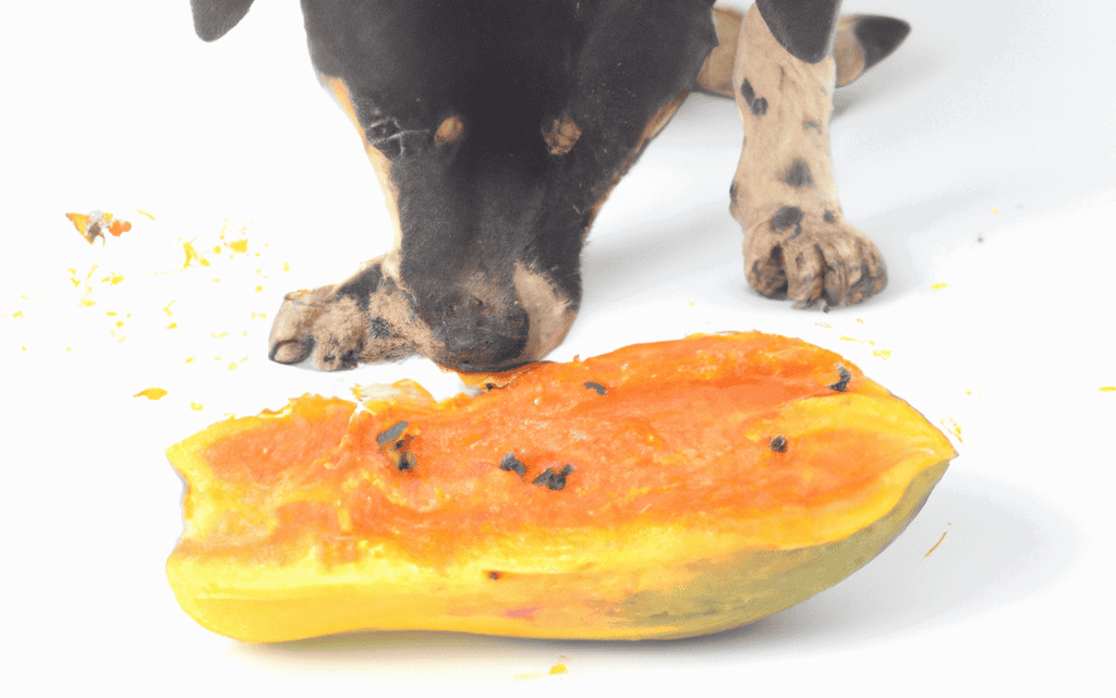 Dog licking fresh papaya, a nutritious treat for dogs' health and digestion.