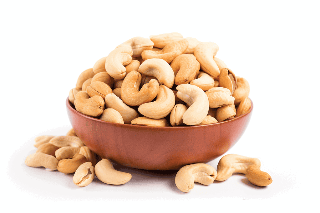 Alt text: Raw cashews in a brown bowl, on a white background, close-up shot.