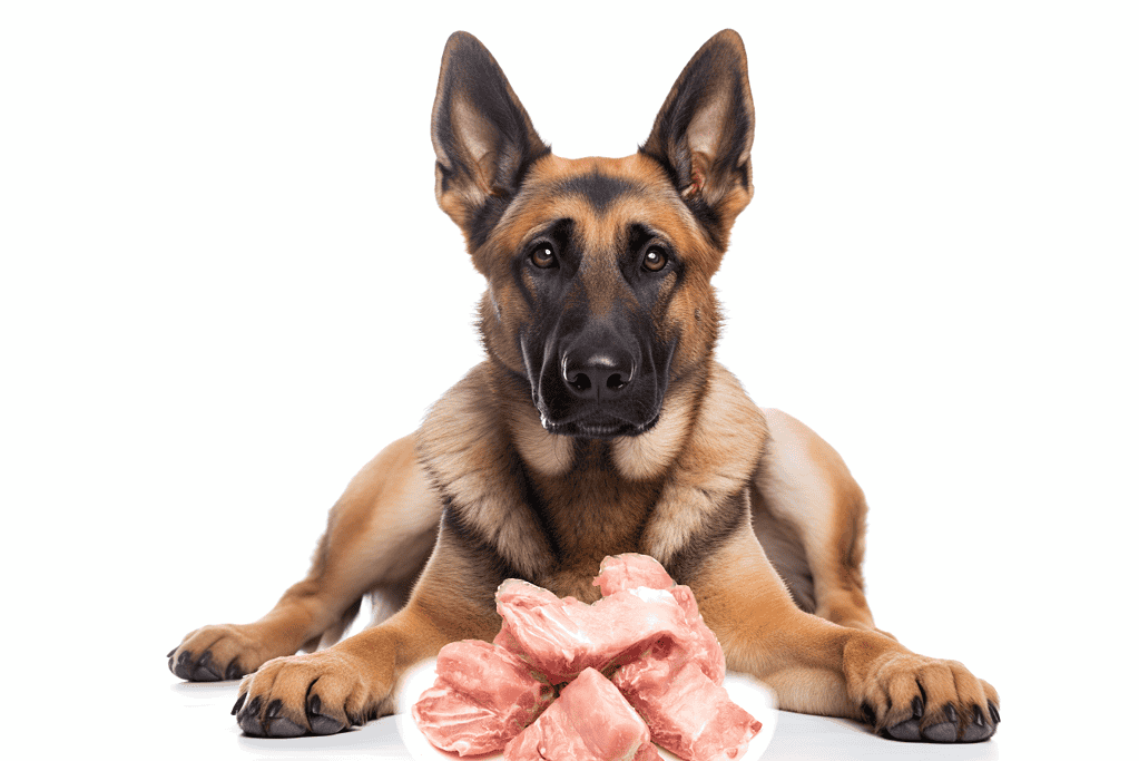 Dog eating raw meat, healthy dog food, fresh meat for dogs, pet nutrition, dog feeding tips.