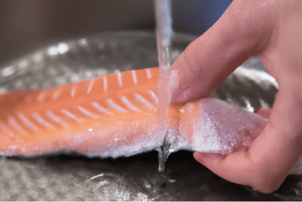 High-quality fresh salmon fillet water being rinsed, ideal for nutritious dog meals.