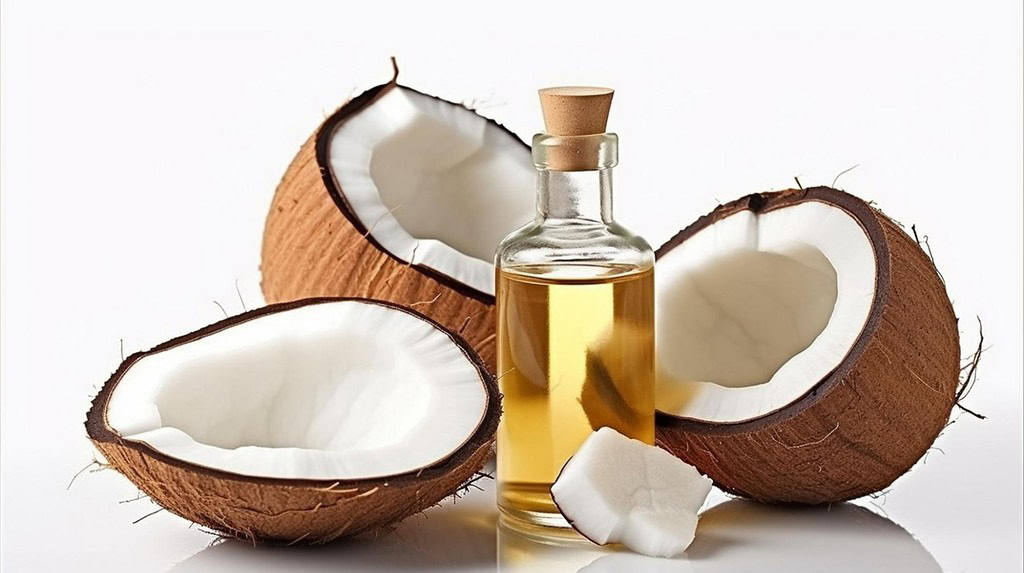 Natural coconut oil in a glass bottle with coconut halves on a white background.
