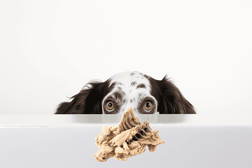 Adorable dog peeking over a white surface with a large bone treat in front.