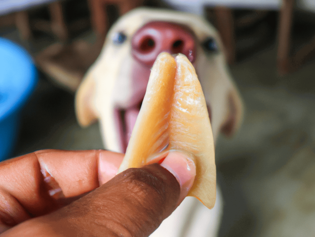 Close-up of a dog chewing on a cheese treat held by a person's hand, showcasing dog-friendly snacks for training or rewards.