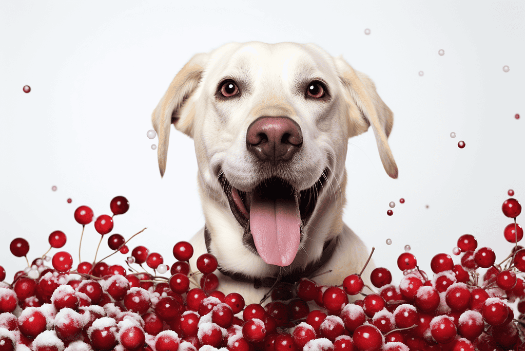 Dog with red berries and snow, smiling, joyful pet, healthy dog, joyful canine, pet happiness, dog wellness, care, love, pet safety.