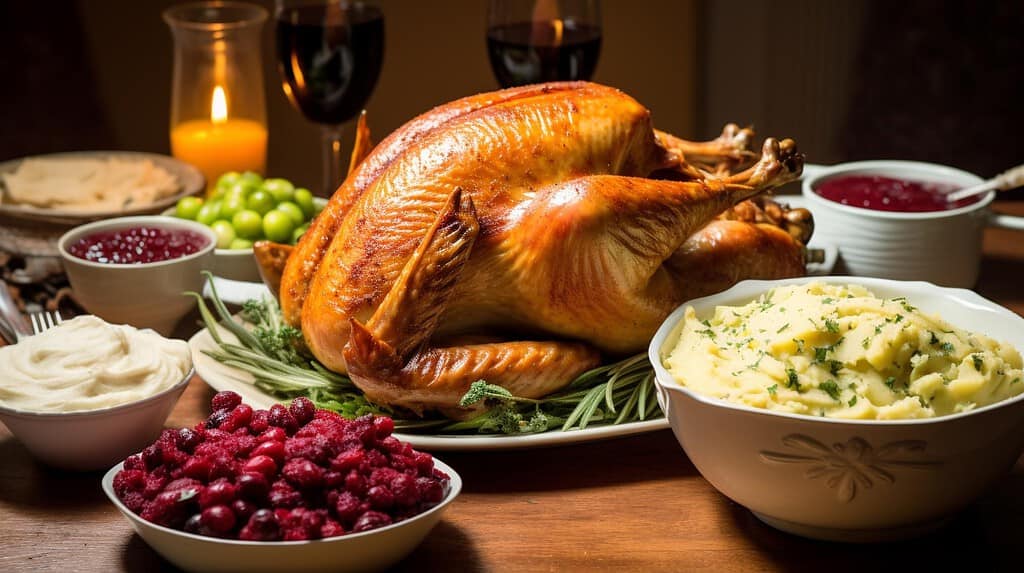 Juicy roasted turkey with flavorful sides, mashed potatoes, cranberry sauce, and fresh grapes for festive celebration.