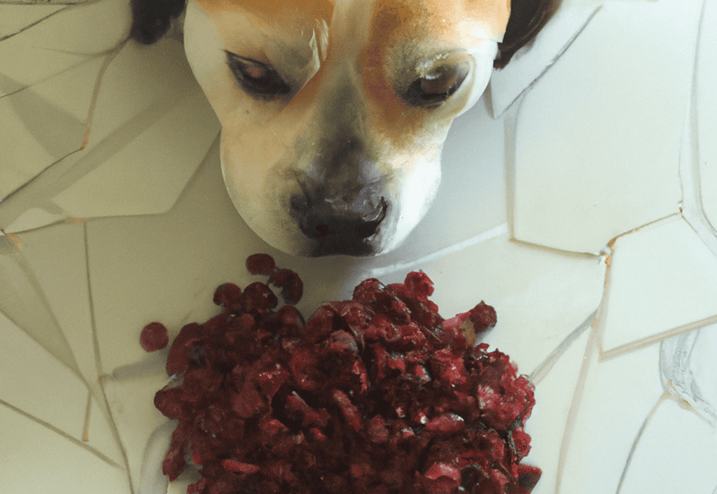Close-up of dog with berries on floor, showing canine eating food from tiled surface.