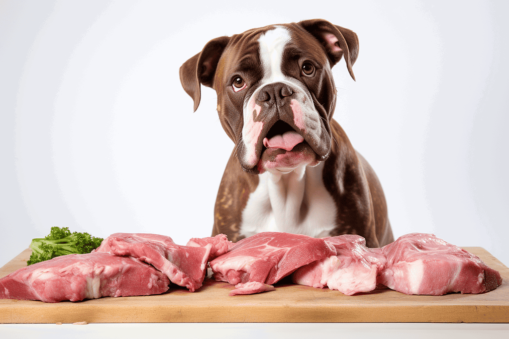 Dog with raw meat, fresh nutritious dog food, healthy pet diet ideas, high-quality meat for dogs.