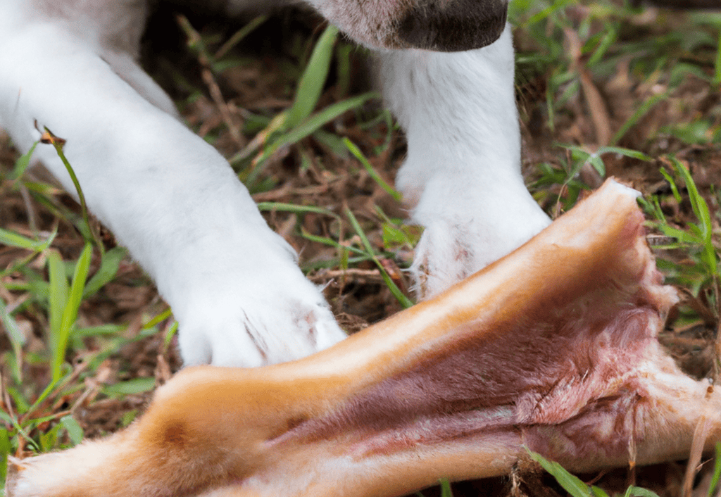 Close-up of a dog chewing a large rawhide dog bone outdoors, showing canine dental health.