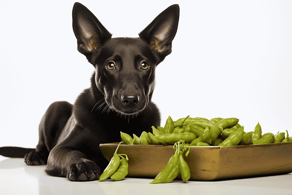 Adorable black puppy with green beans on a white background.