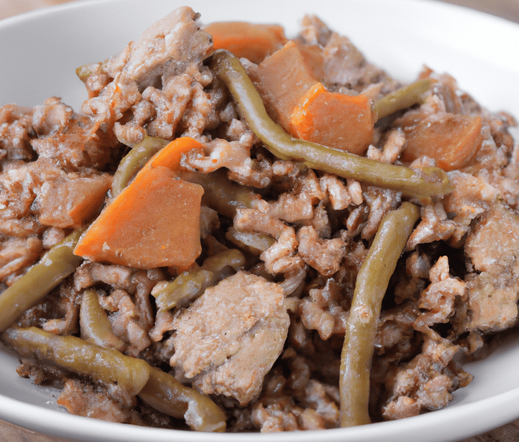 Pet stew with beef, carrots, and green beans in a white dish.
