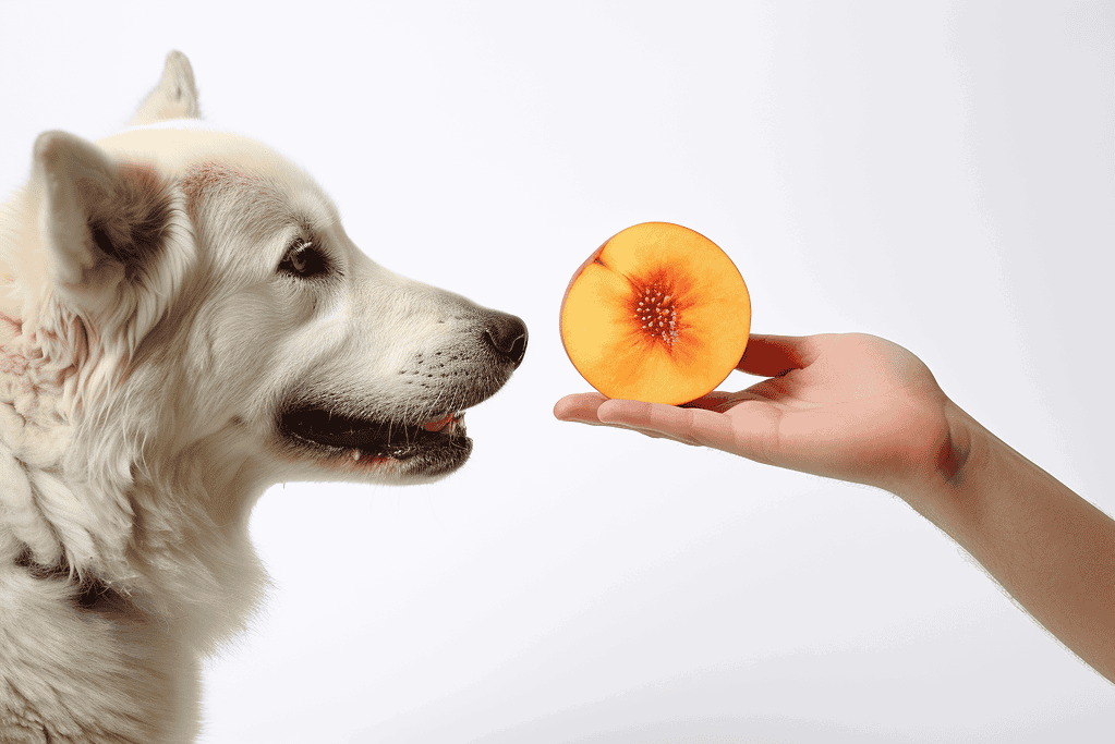 Dog and peach fruit feeding.