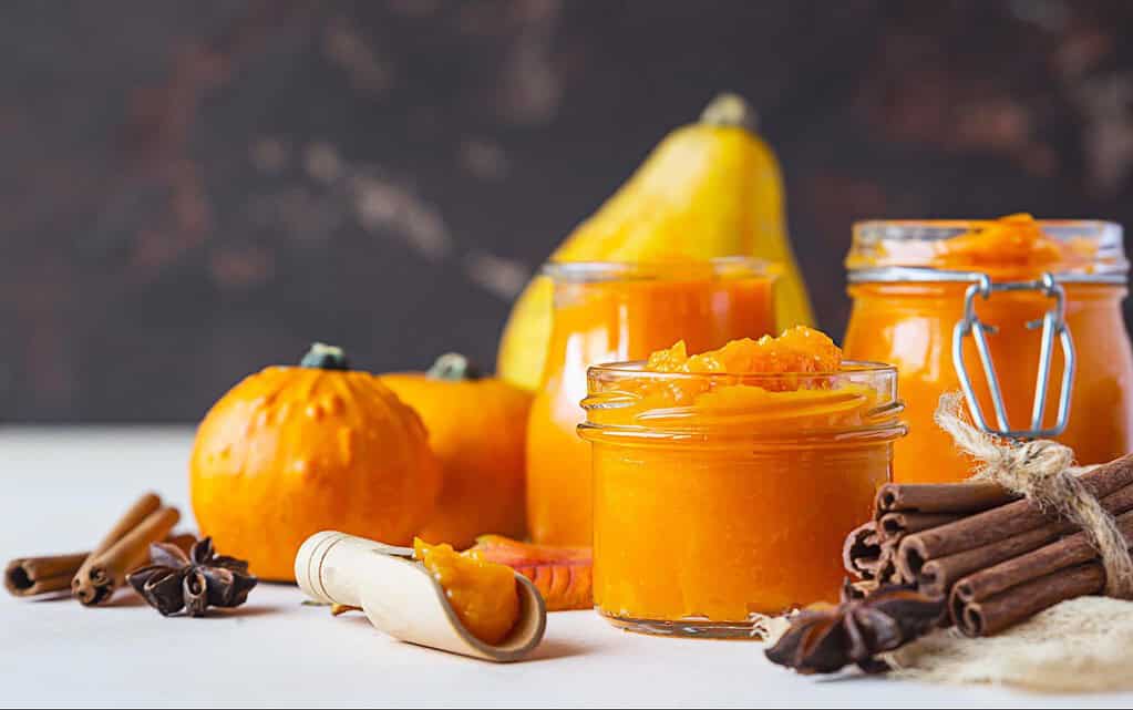 Delicious pumpkin puree jars with cinnamon sticks and fresh pumpkins for homemade dog treats.