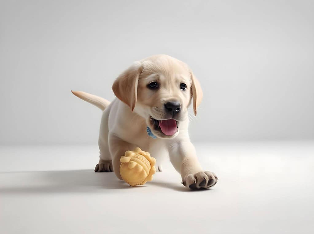Cute yellow Labrador puppy with a toy bone, happy and playful, ideal for dog care and pet health.