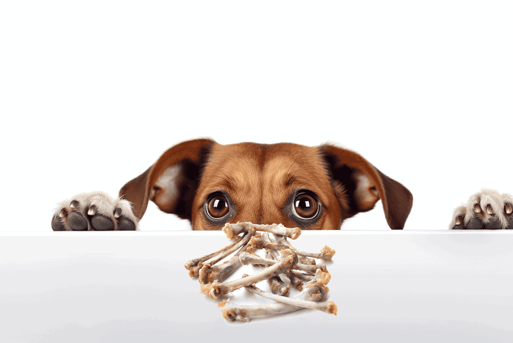Adorable dog peeking over table with bones for treats.