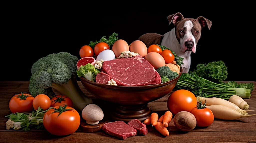Healthy dog food with fresh meat and vegetables.