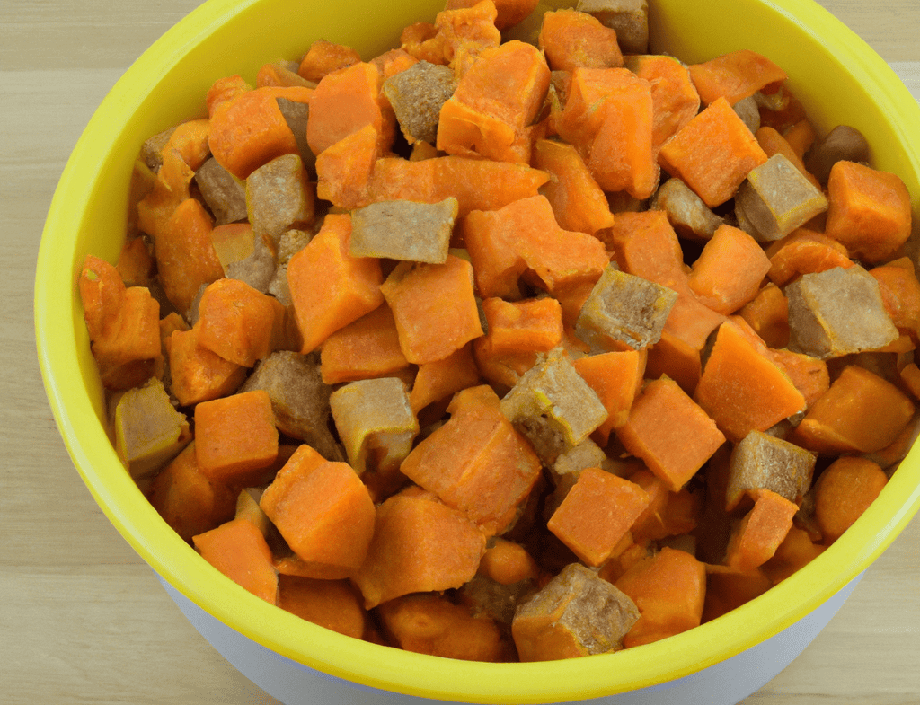 Healthy, nutritious dog food with sweet potatoes and meat.