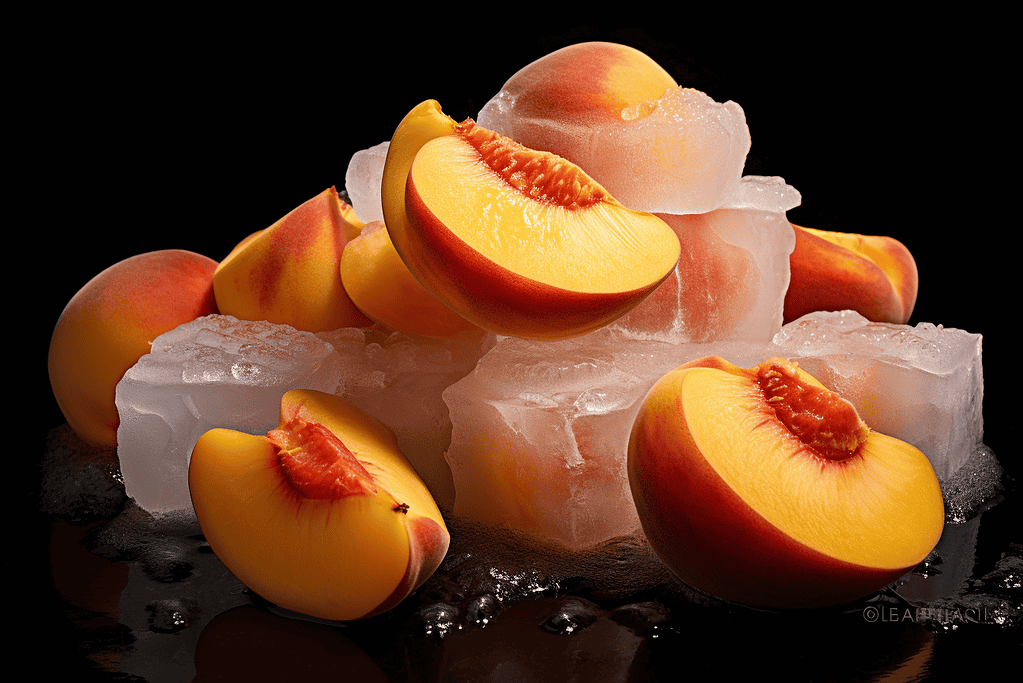 Ice cubes with peach slices on a dark background for refreshing summer treat. Perfect addition to drinks or desserts.