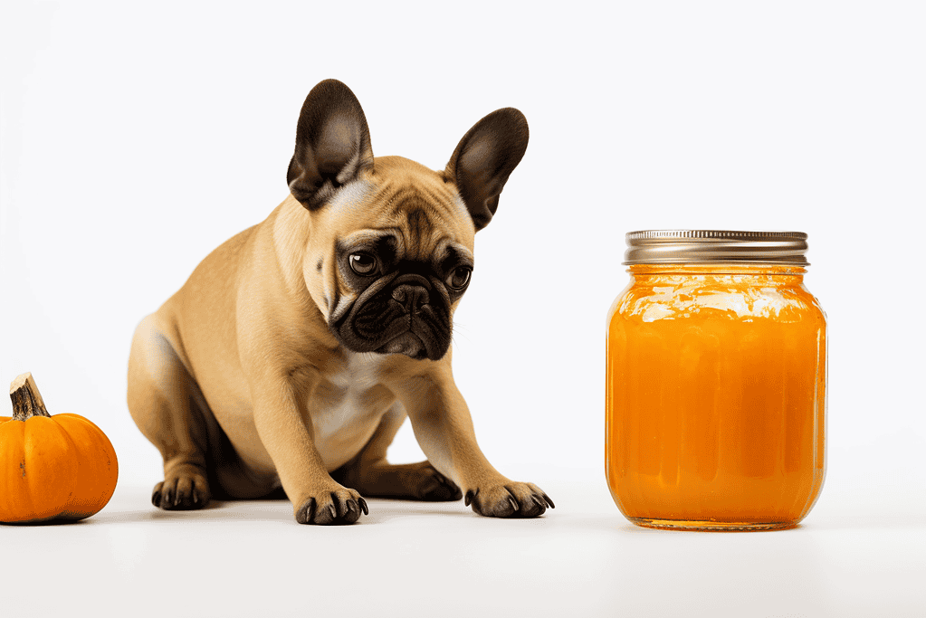 Adorable French Bulldog puppy with pumpkin and pumpkin puree on white background.