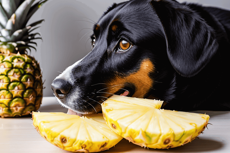 Dog happily enjoying pineapple slices for healthy treat.