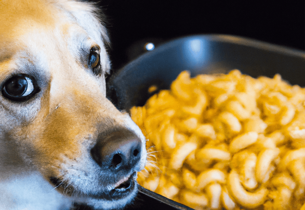 Close-up of a dog with a bowl of cheese crackers.