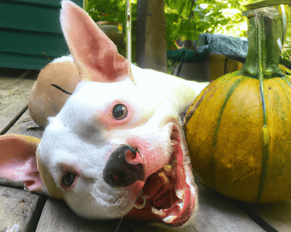 Adorable dog with pumpkin, fall decor in yard.